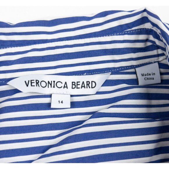 Veronica Beard Ruffle Shirt Women's 14 Blue White Striped Button-Up Long Sleeve - Picture 2 of 12